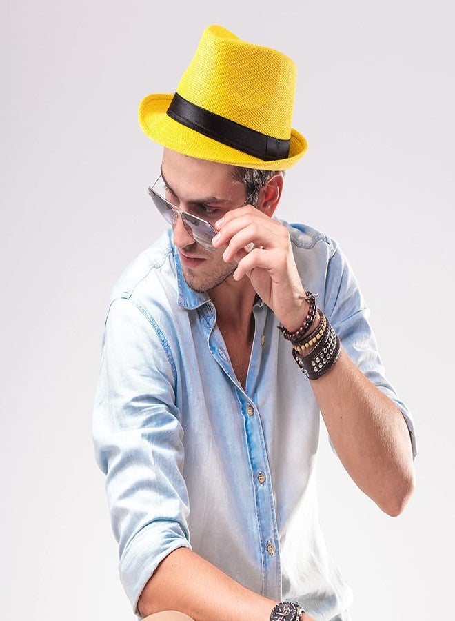 LADYBRO Lemon-Yellow Straw Trilby Fedora Hat for Men 1920s Short Brim Panama Cap 7 1/4 - Image 4